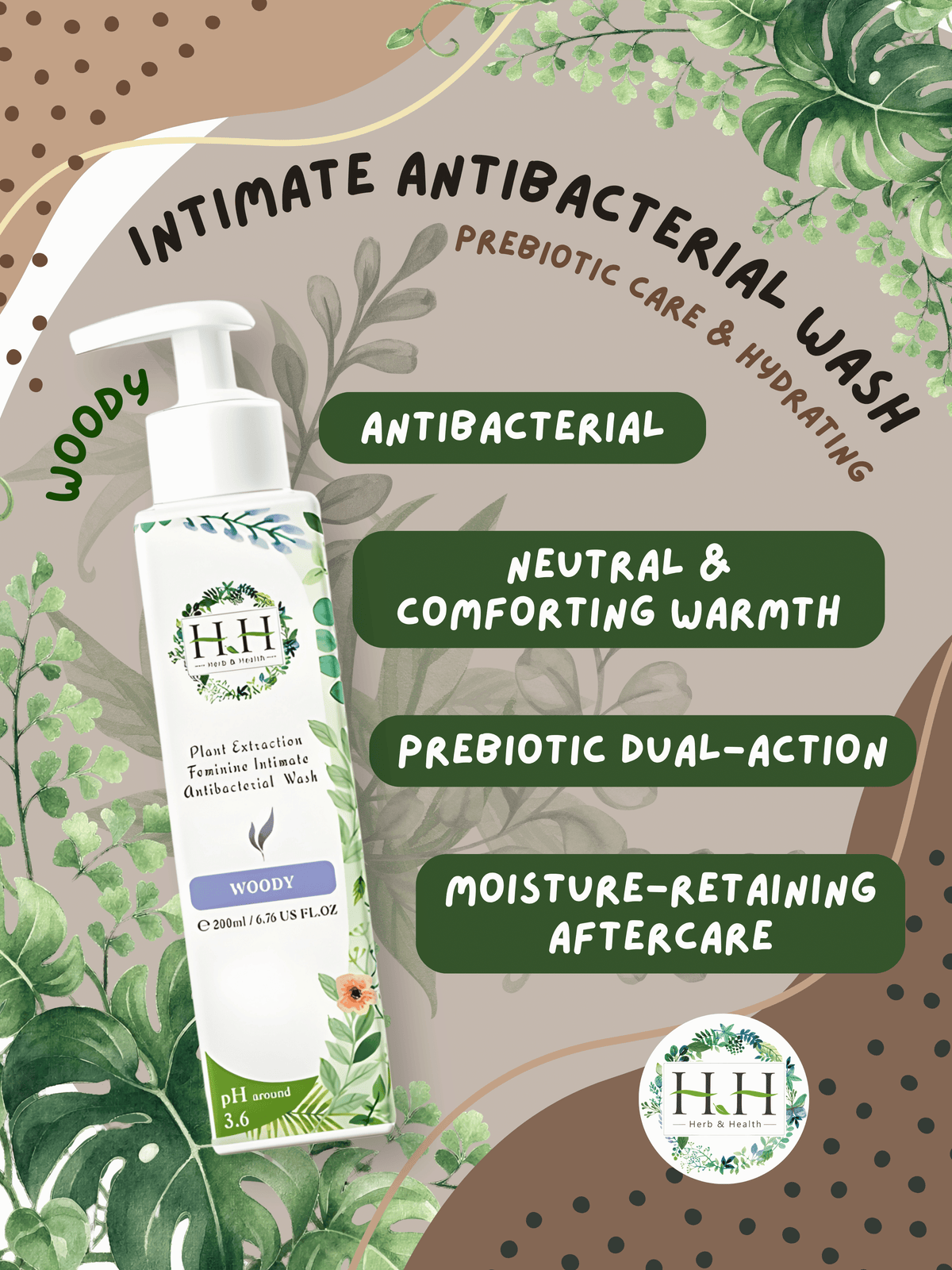HH Intimate Antibacterial Wash (Woody) 200ml – Prebiotic Care, All-Day Odor Protection & Hydrating Comfort